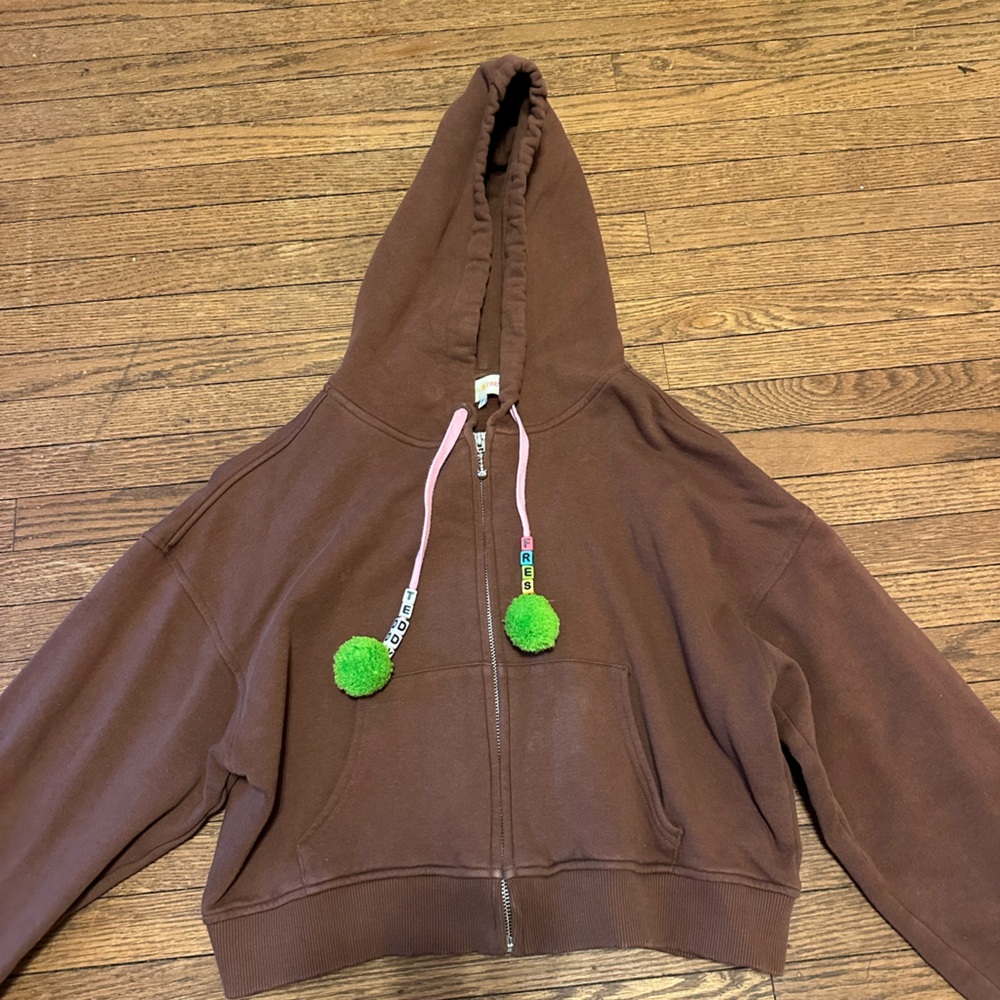 Brown Teddy Fresh Cropped zip hoodie with Pom Poms